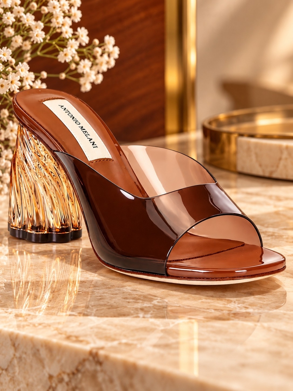 Antonio Melani Carmilla Brown Wavy Vinyl Slide Sandals Size 8.5